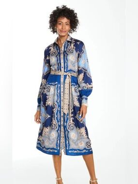 NWT Talbots Petite 12P Paisley sky Collared Button Front Belted Midi shirt-Dress